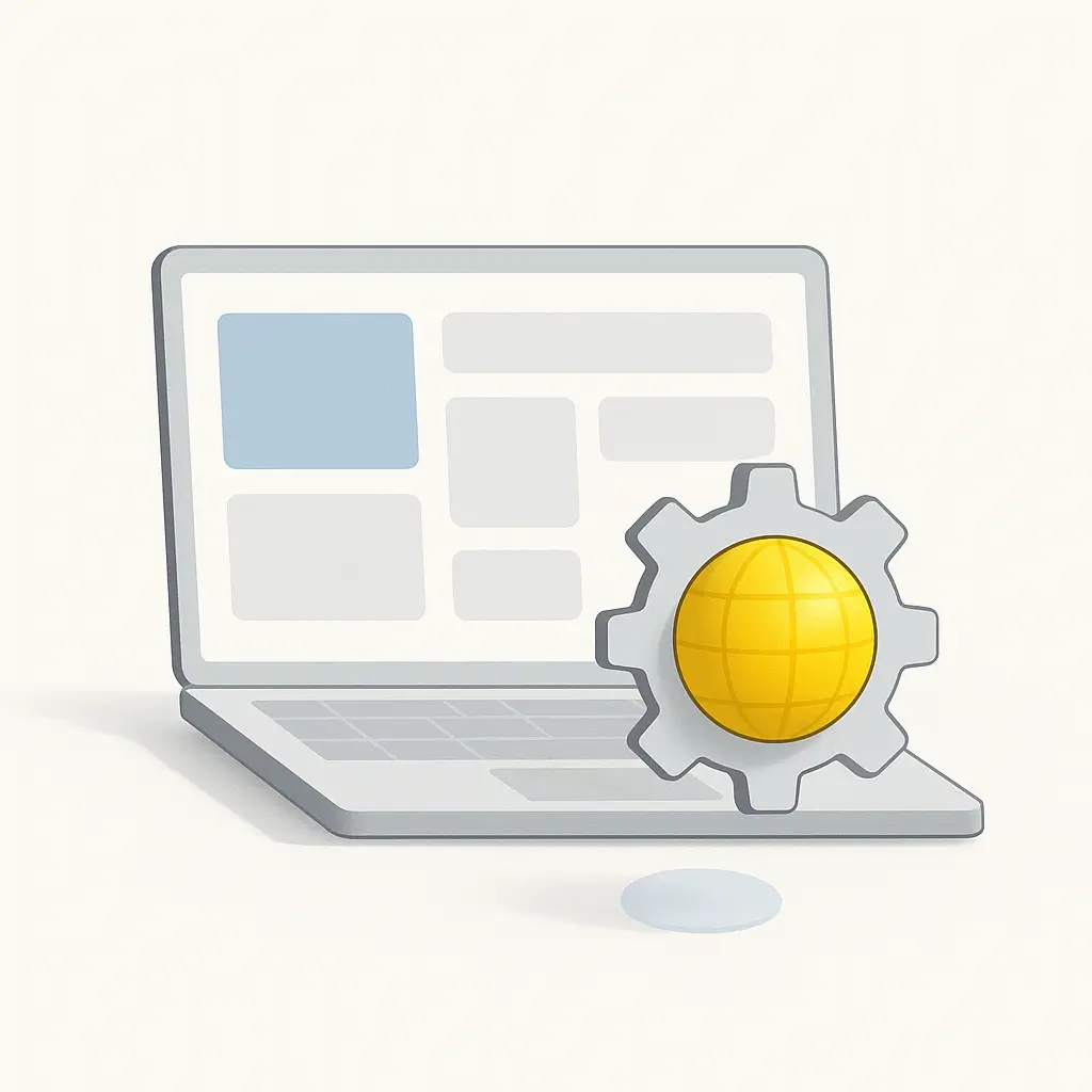 Coste representado con un portátil minimalista y un engranaje con esfera amarilla.