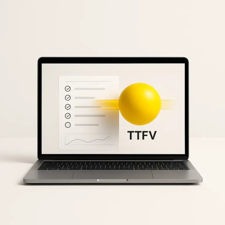 Portátil con dashboard minimalista con checklist, gráfico y esfera amarilla con TTFV en pantalla, Proveedores.
