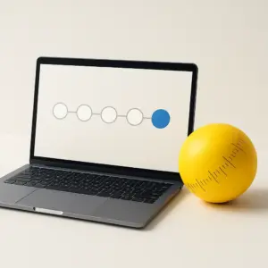 Proceso mostrado en un portátil con una línea de progreso y una esfera métrica amarilla al lado.