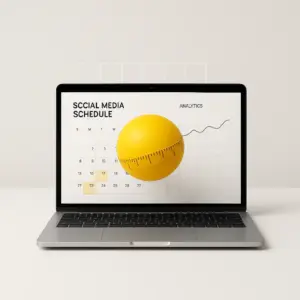 Portátil con calendario editorial y gráfico; esfera métrica amarilla atravesando la pantalla, Consejos para pymes.