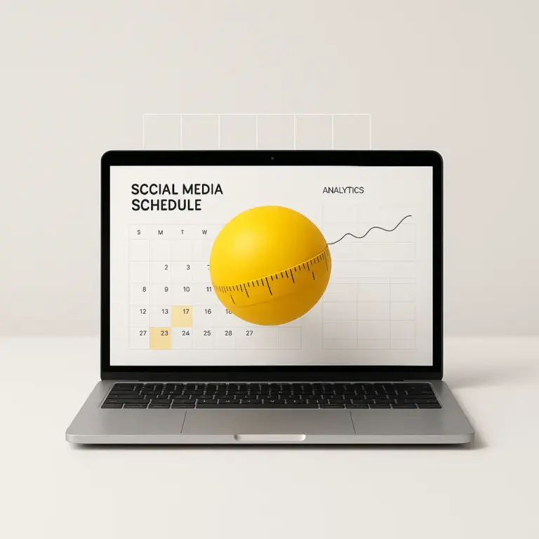 Portátil con calendario editorial y gráfico; esfera métrica amarilla atravesando la pantalla, Consejos para pymes.