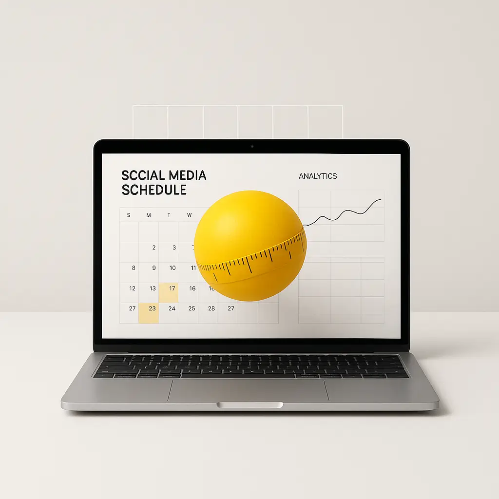 Portátil con calendario editorial y gráfico; esfera métrica amarilla atravesando la pantalla, Consejos para pymes.