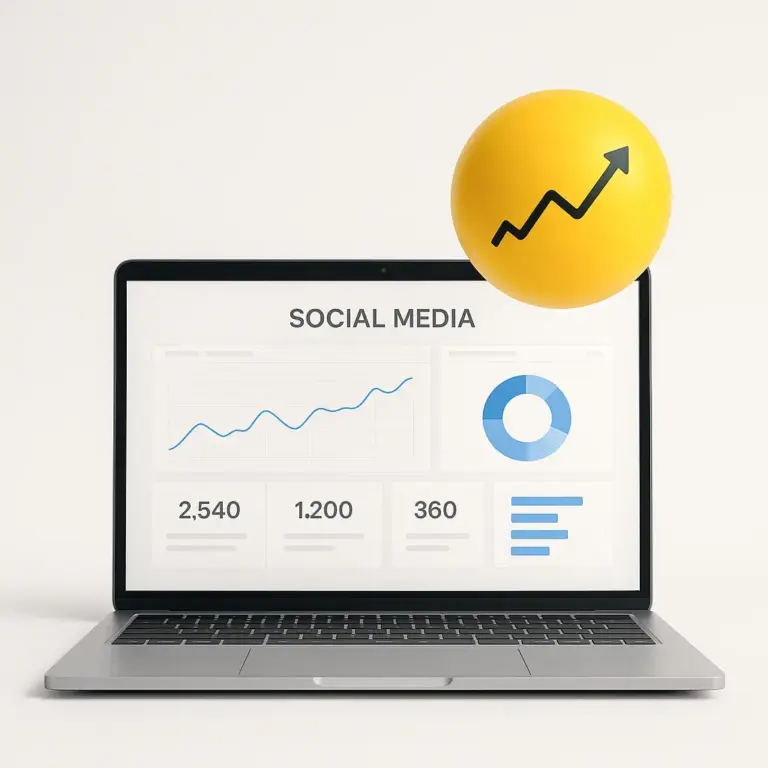 Herramientas mostradas en un portátil con un panel de analítica limpio y una esfera amarilla flotante que simboliza control