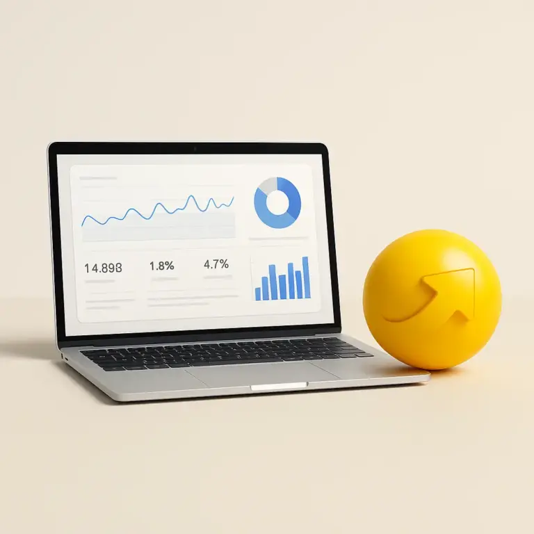 Métricas mostradas en un portátil con gráficos limpios junto a una esfera amarilla.