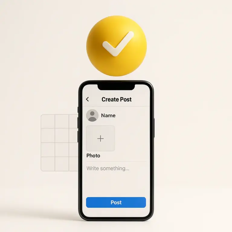 Interfaz de creación de publicación en un móvil con una esfera amarilla que simboliza calidad de Contenido.