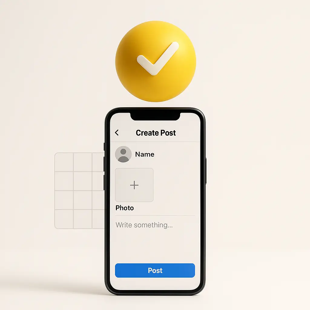 Interfaz de creación de publicación en un móvil con una esfera amarilla que simboliza calidad de Contenido.