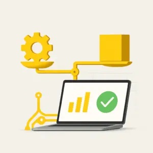 Comparativa con portátil y balanza-circuito amarilla: engranaje vs bloque, métricas simples y check verde en pantalla.