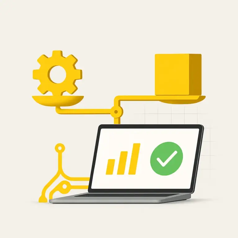Comparativa con portátil y balanza-circuito amarilla: engranaje vs bloque, métricas simples y check verde en pantalla.