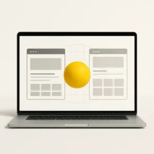 Comparativa mostrada en un portátil con dos interfaces minimalistas y una esfera amarilla al centro