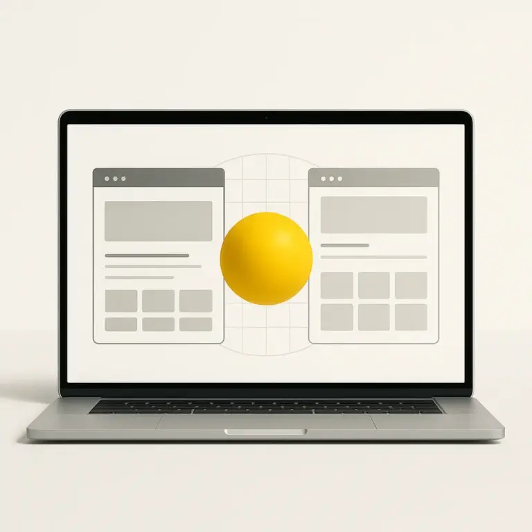 Comparativa mostrada en un portátil con dos interfaces minimalistas y una esfera amarilla al centro