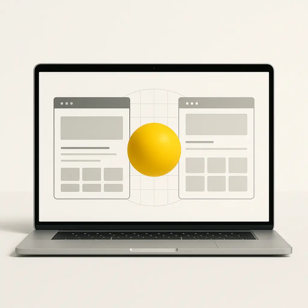 Comparativa mostrada en un portátil con dos interfaces minimalistas y una esfera amarilla al centro
