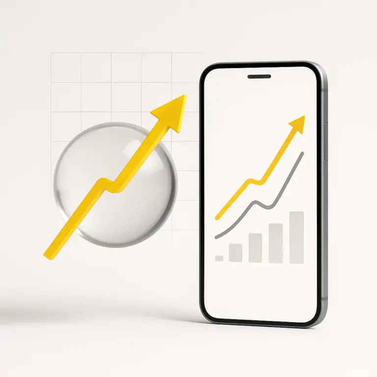 Crecimiento reflejado en un móvil con gráfica ascendente y una esfera translúcida atravesada por una flecha amarilla
