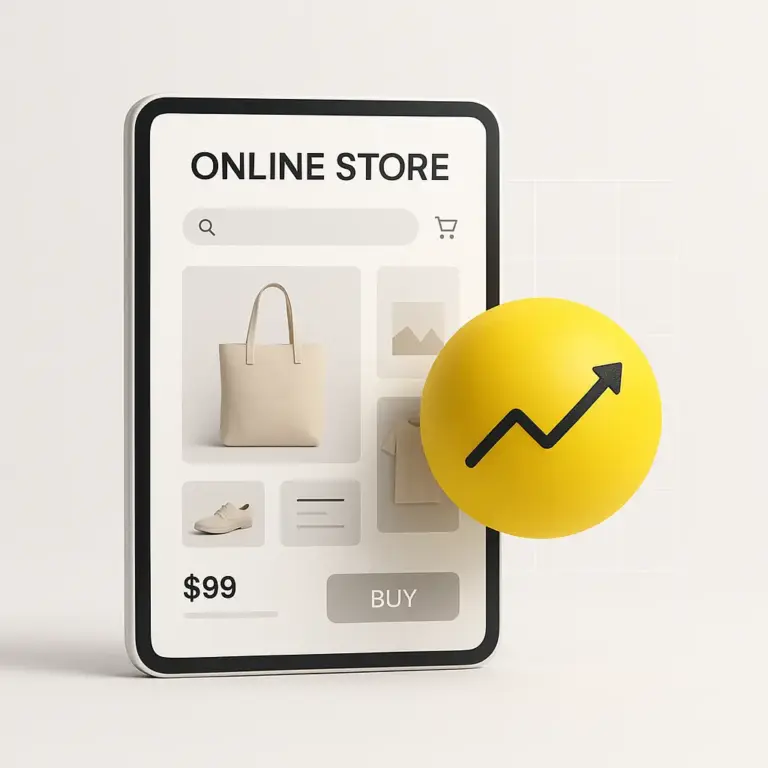 Interfaz minimalista de e-commerce en un dispositivo con esfera amarilla de optimización