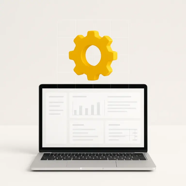 Casos de éxito mostrados con un portátil y un engranaje amarillo simbolizando procesos optimizados