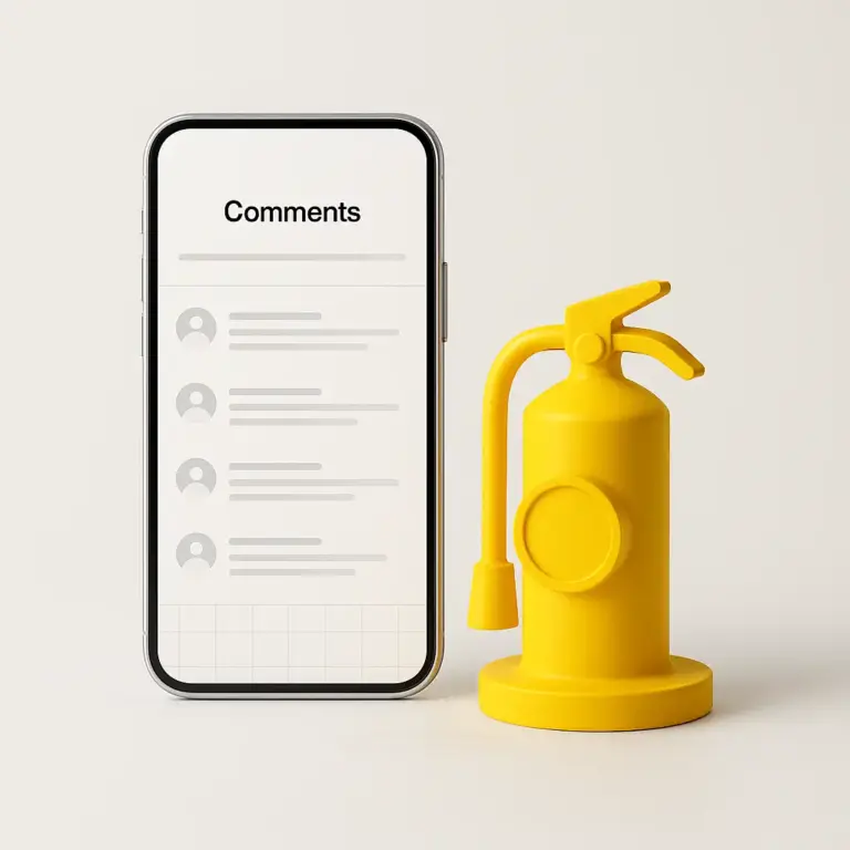 Crisis en redes: móvil con bandeja de comentarios minimalista junto a un extintor geométrico amarillo en fondo neutro