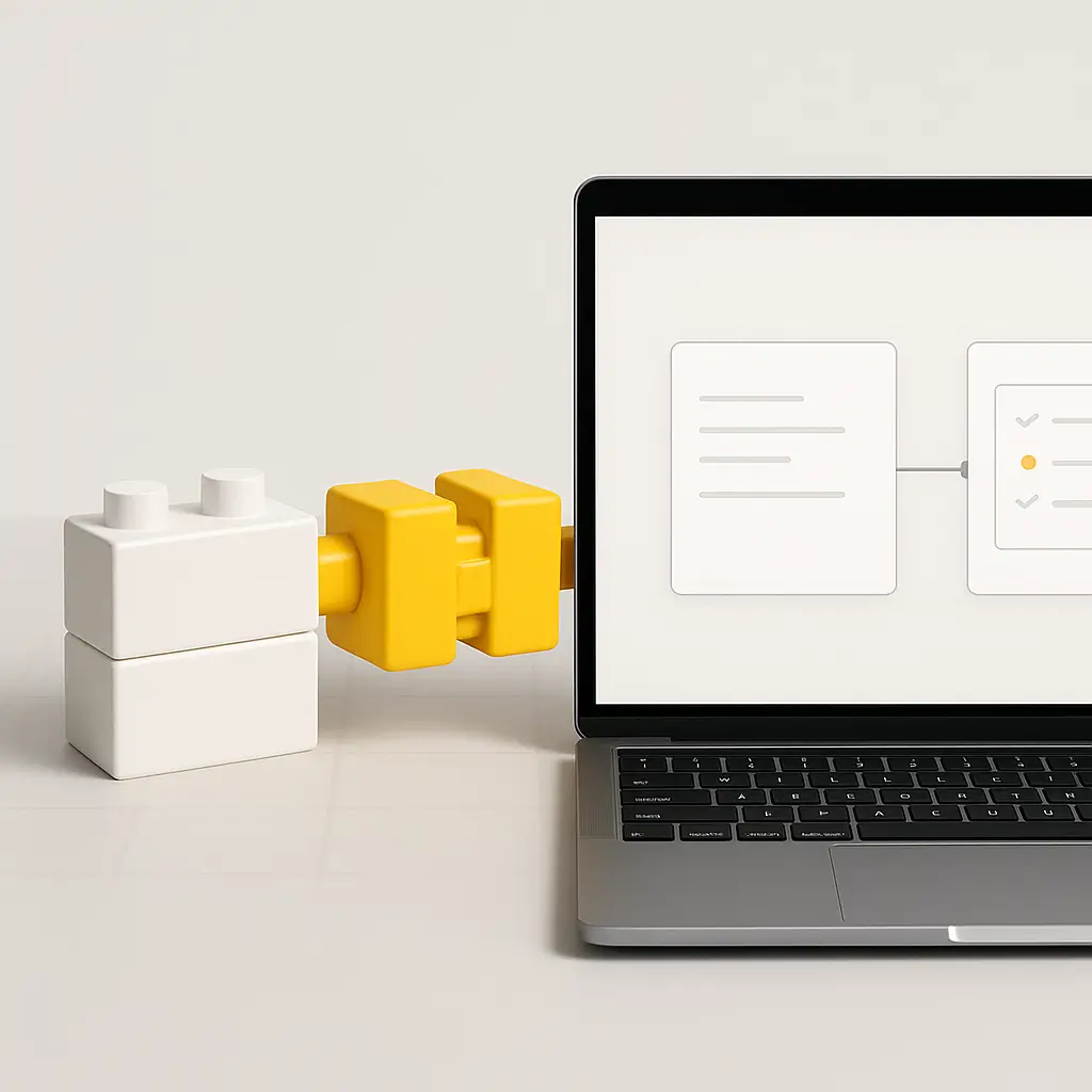 Integración representada por un conector modular amarillo que une dos bloques blancos junto a un portátil con interfaz conectada