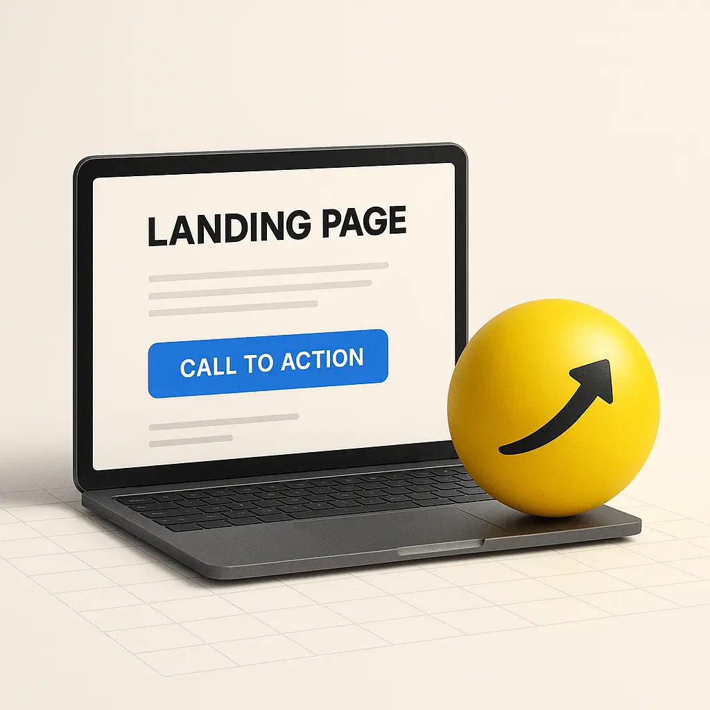 Landing pages mostrada en un portátil con un botón de llamada a la acción y una esfera amarilla con flecha.