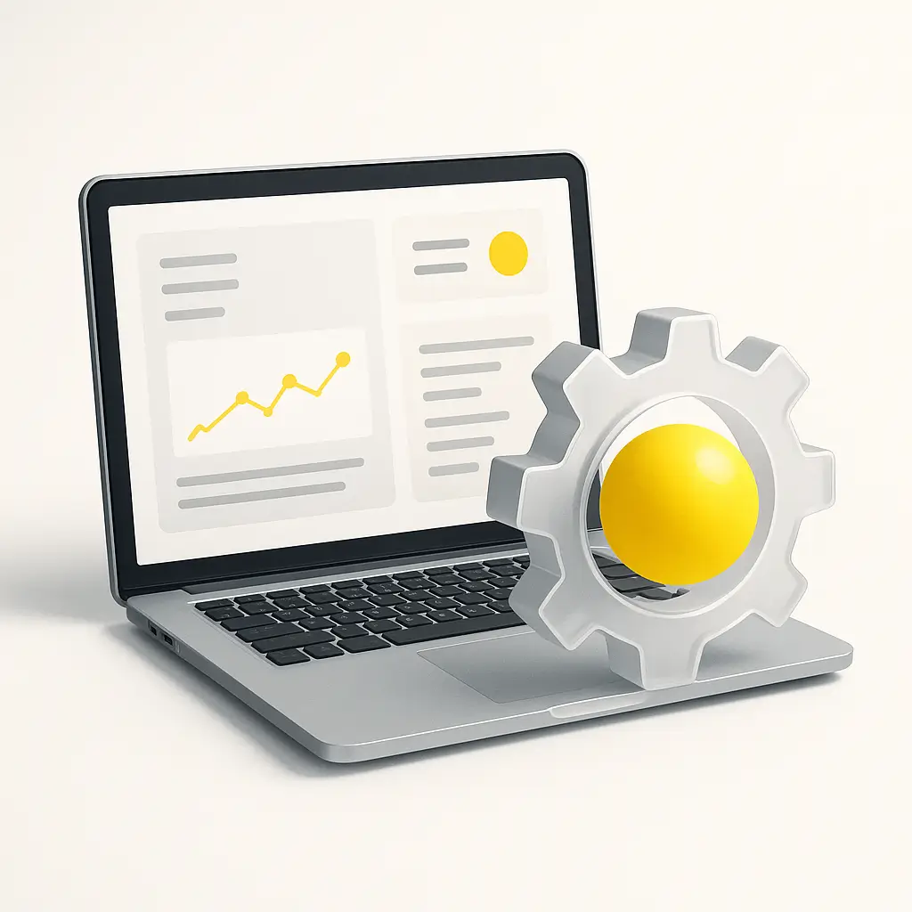 Interfaz limpia en portátil con engranaje y esfera amarilla simbolizando software para PYMEs