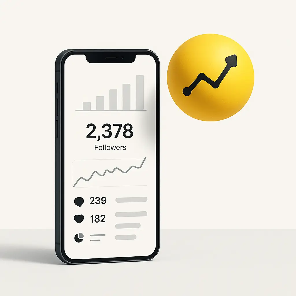 Tendencias mostradas en un móvil con analíticas sociales y esfera amarilla ascendente.