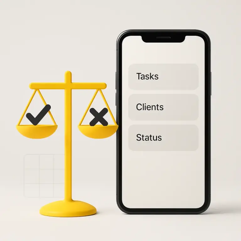 Apps móviles representadas con un smartphone minimalista y una balanza amarilla con un check y una X en los platillos