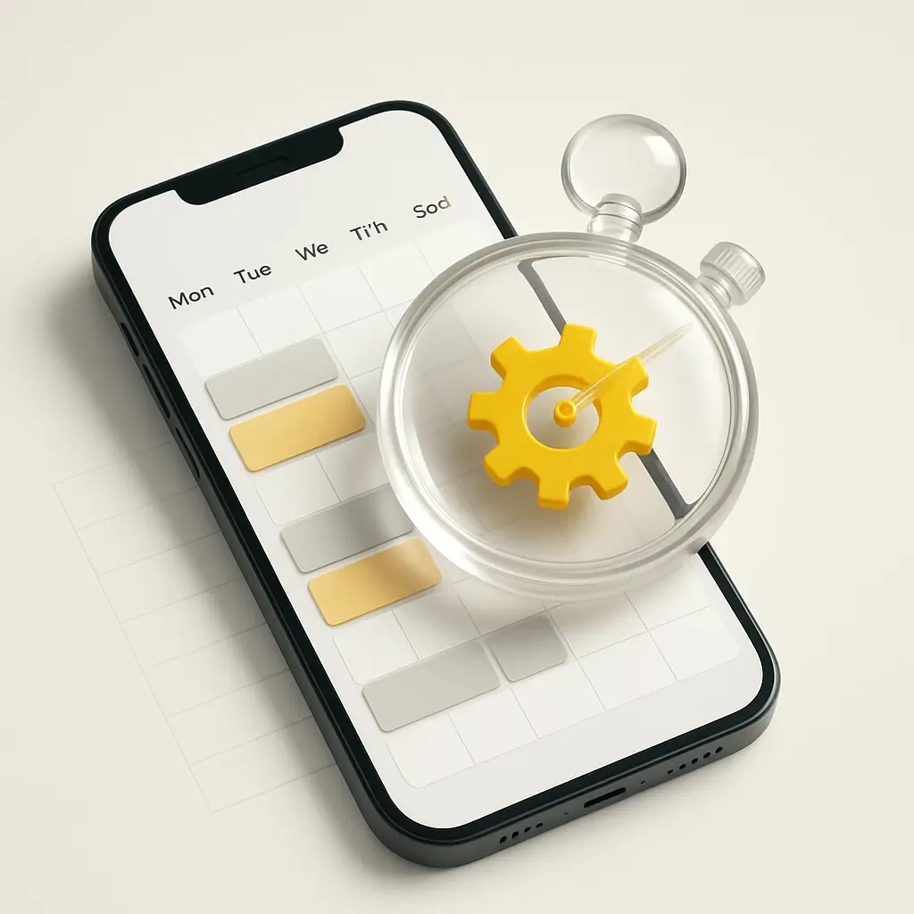 Planificación en un móvil con calendario semanal y cronómetro de cristal con engranaje amarillo sobre la pantalla