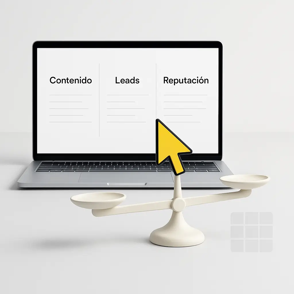 Comparativa de plataformas en un portátil con tres columnas (Contenido, Leads y Reputación) y una balanza minimalista con cursor amarillo