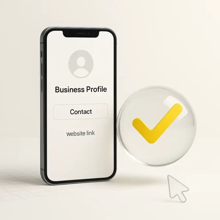 Perfil de empresa en móvil con interfaz minimalista y burbuja translúcida con verificación amarilla