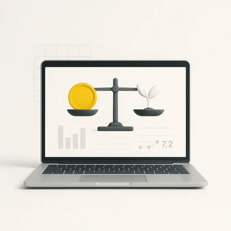 Publicidad representada en un portátil con una balanza en pantalla, moneda amarilla y brote blanco, y panel de métricas minimalista