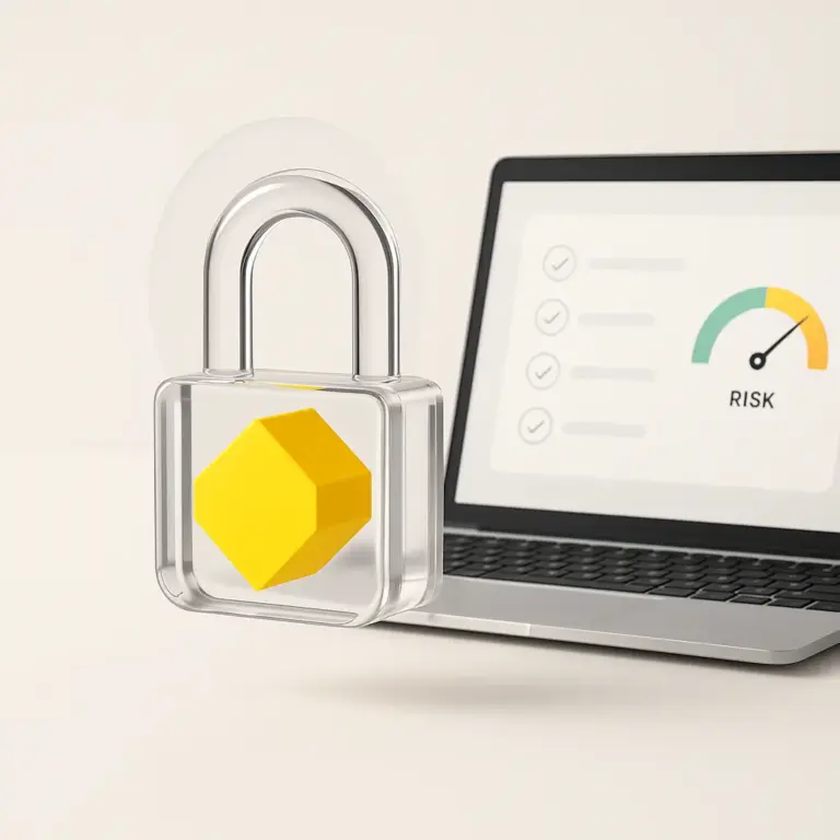 Seguridad en portátil con panel de checks y medidor de riesgo, junto a un candado transparente con núcleo amarillo