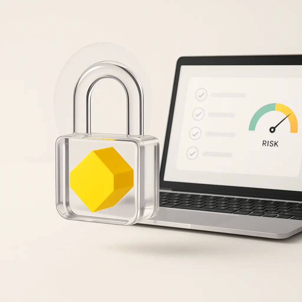 Seguridad en portátil con panel de checks y medidor de riesgo, junto a un candado transparente con núcleo amarillo