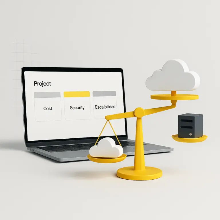 Infraestructura con portátil y balanza minimalista: nube en un plato y servidor cúbico en el otro, fondo claro.