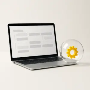 Tendencias en pantalla de portátil con roadmap minimalista y esfera de cristal con engranaje amarillo como foco tecnológico