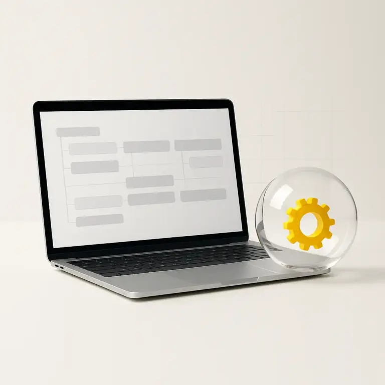 Tendencias en pantalla de portátil con roadmap minimalista y esfera de cristal con engranaje amarillo como foco tecnológico