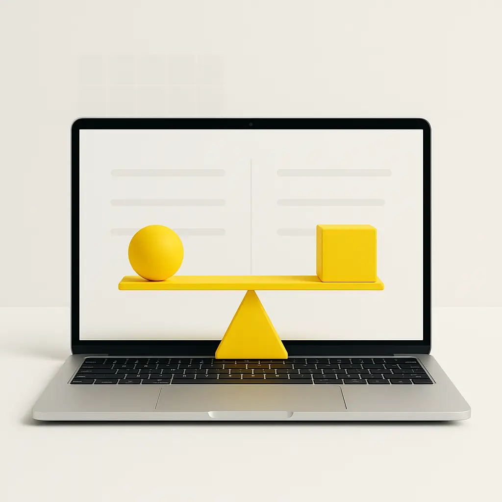 Roles comparados en un portátil con interfaz a dos columnas y una balanza amarilla que equilibra un círculo y un cubo