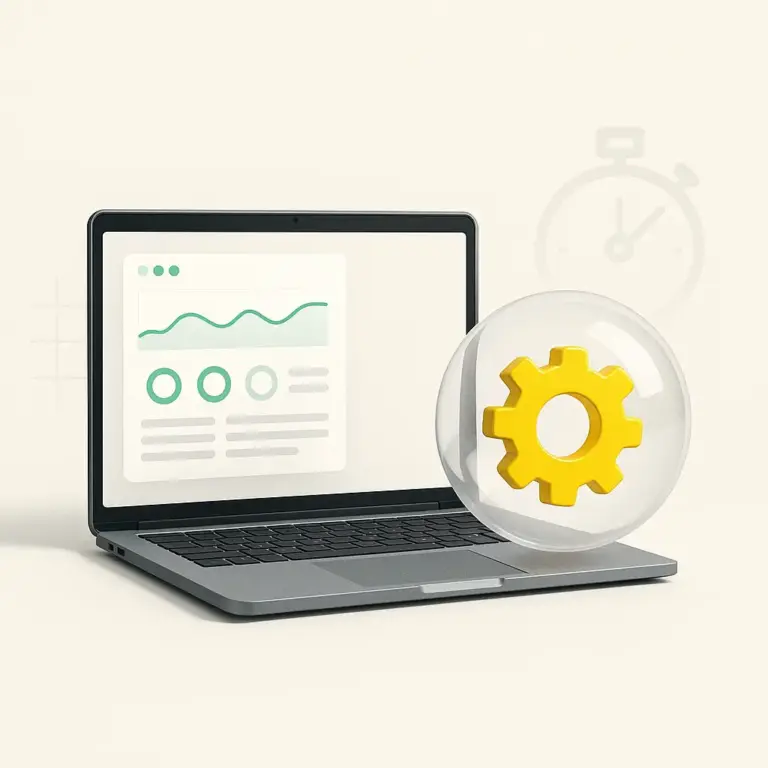 Mantenimiento con portátil mostrando panel minimalista y una esfera translúcida que protege un engranaje amarillo, con cronómetro suave al fondo.