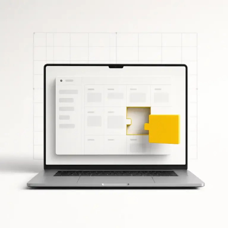 Estrategia en un portátil con panel minimalista y una pieza amarilla encajando en una ranura, con retícula de fondo.