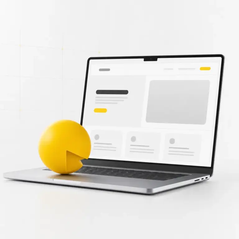 Accesibilidad en portátil con interfaz web minimalista y esfera amarilla con muesca tipo botón universal