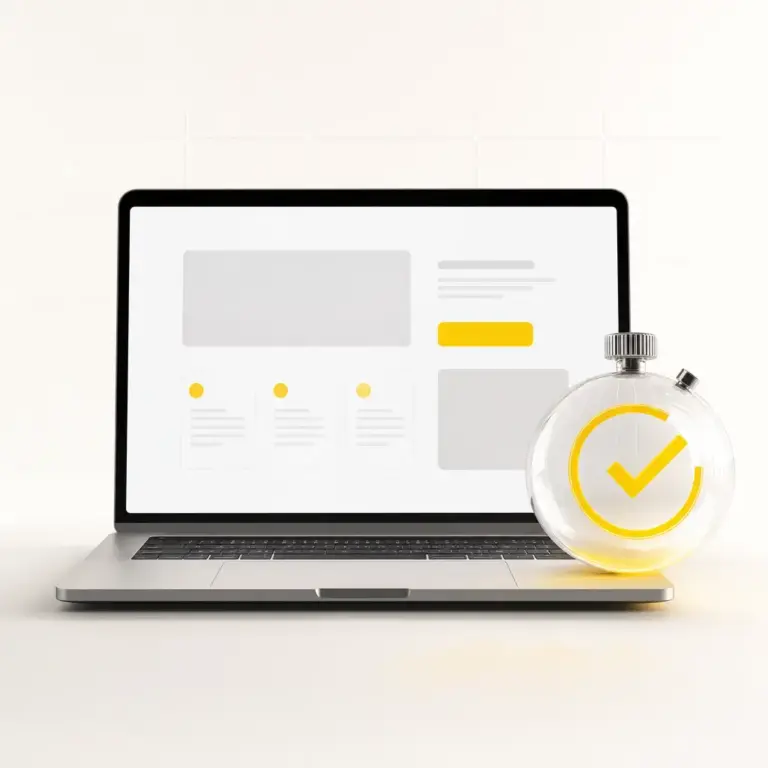 Rediseño en un portátil con interfaz web minimalista y un cronómetro translúcido con marca de verificación amarilla