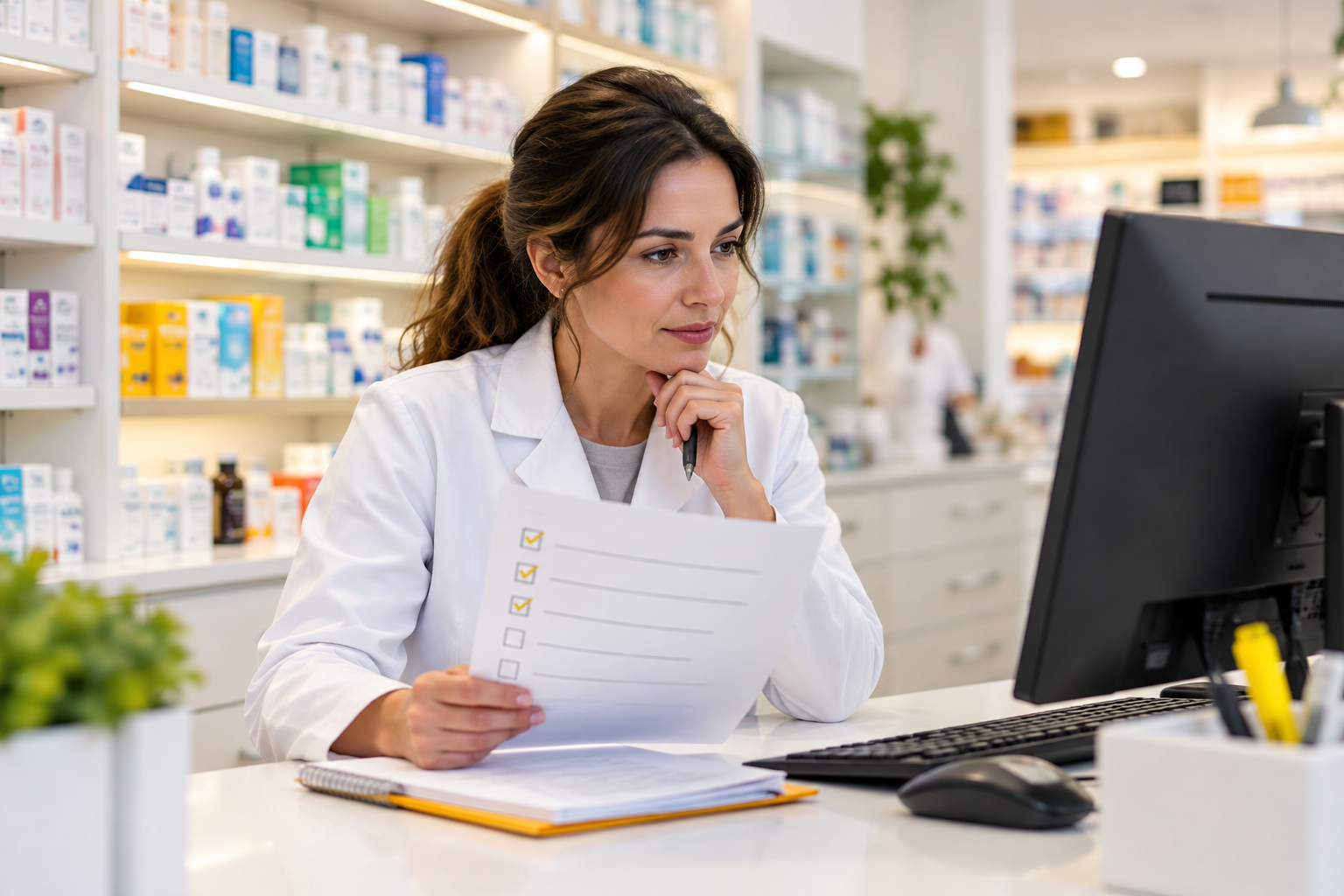 Profesional de farmacia revisa una lista de comprobación delante de un ordenador antes de actualizar el software de gestión.
