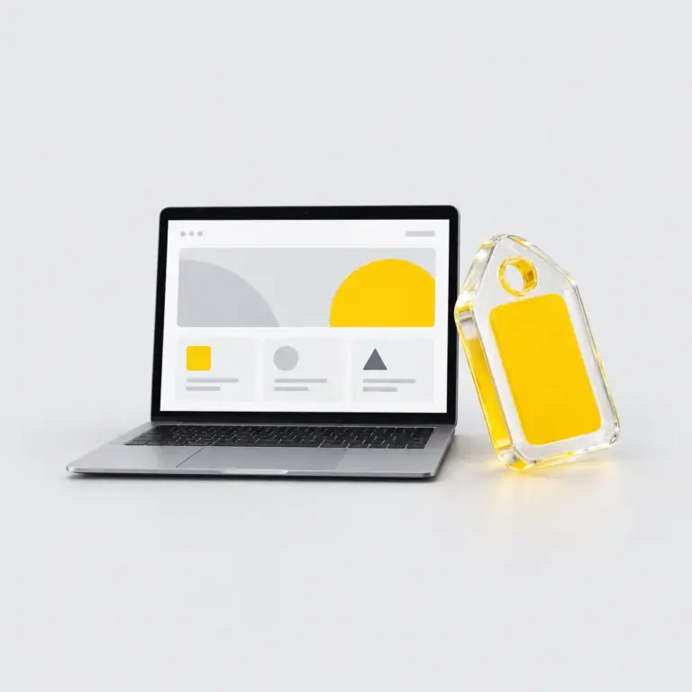 Coste de una web representado por una etiqueta de vidrio amarilla junto a un portátil con interfaz minimalista