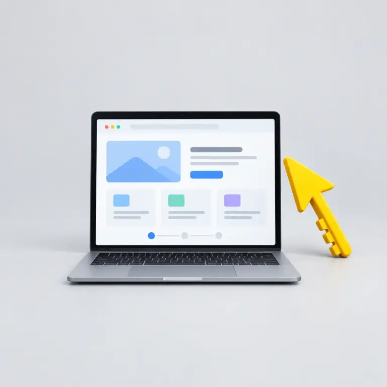Portátil con interfaz UX/UI de bloques ordenados y una llave amarilla con cabeza de cursor sobre fondo gris claro.