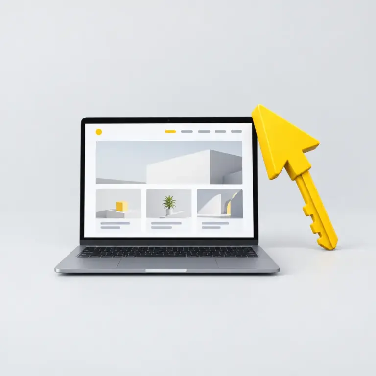 Vista general de un portátil con una web minimalista y una llave amarilla cuya cabeza tiene forma de cursor.