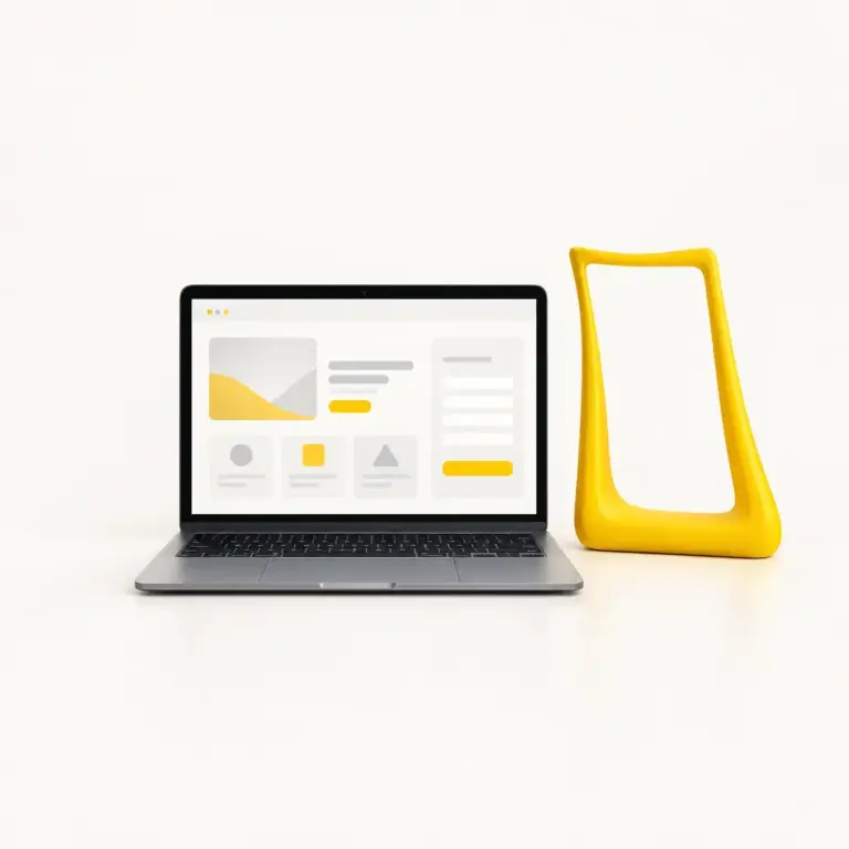 Interfaz responsive en un portátil, con bloques de contenido y formulario, junto a un marco amarillo curvado.
