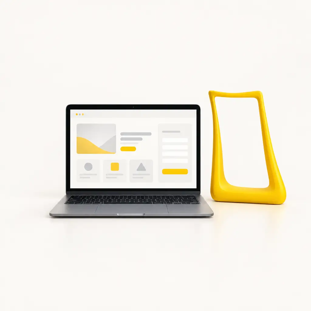 Interfaz responsive en un portátil, con bloques de contenido y formulario, junto a un marco amarillo curvado.