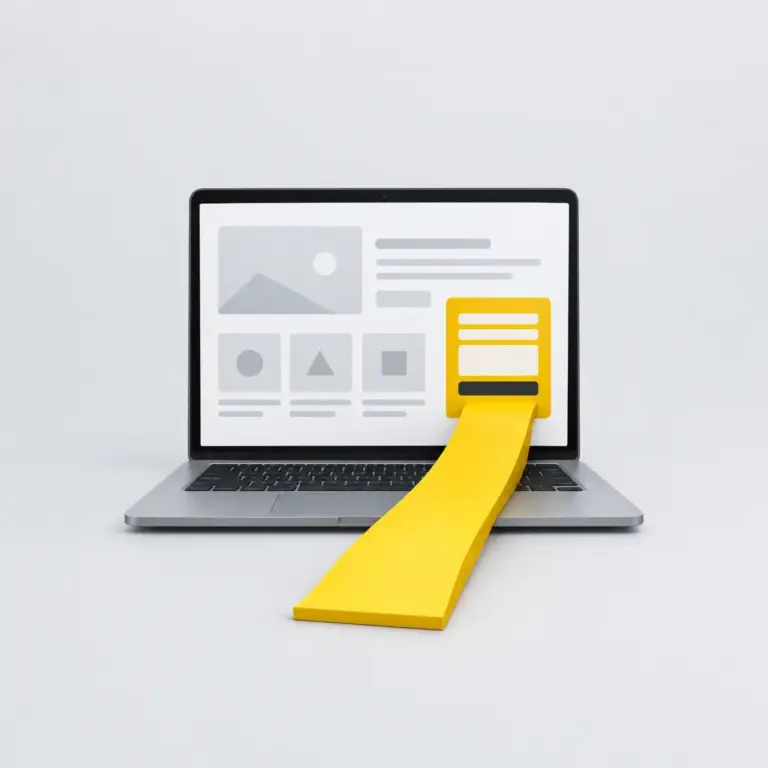 Tendencias de diseño web en un portátil con interfaz gris, formulario amarillo y una rampa amarilla hacia el contacto.